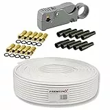 Premium X 50m BASIC Koaxialkabel 135dB 4-fach SAT Antennenkabel Koax-Kabel Satellitenkabel Abisolierer 10x F-Stecker Tülle 0,46 EUR/m