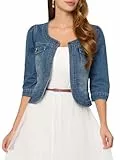 Allegra K Damen Jeansjacke 3/4 Ärmel Open Front Kragenlos Jacke mit Taschen Blau M