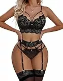 Avidlove Dessous Damen Sexy Unterwäsche Spitze Reizwäsche Babydoll Lingerie Negliee Push up BH + Panty + Strumpfhalter für Frauen,SchwarzS