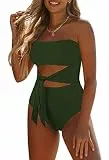 Pink Queen Damen Bandeau One Piece Badeanzug High Cut Bauchweg Trägerloser Tie Waist Monokini Bademode Dunkelgrün L