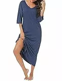 Uniexcosm Nachthemd Damen Lange Baumwolle 3/4 Ärmel Nachtkleid Nachtwäsche V-Ausschnitt Freizeitkleid Loose Fit Sleepshirt Sleepwear mit Taschen E: Blau XL