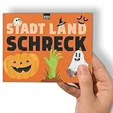 Stadt Land Fluss SCHRECK MINI Lustiges Familienspiel Halloween Quiz Der Spielblock A6 mit 12 Grusel-Kategorien als Halloweengeschenke für Kinder, Teenager und Erwachsene | 50 Blatt