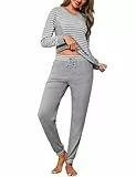 Crewhpo Schlafanzüge Damen für Winter Baumwolle Pyjamas Gestreifter Nachtwäsche Zweiteiliger Langarm Schlafanzug Set Loungewear V-Ausschnitt mit Lang Pyjamahose