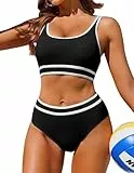 AI'MAGE Bikini Damen Set Badeanzug Bauchweg Sport Bikini-Sets High Waist Bademode Push Up Gerippt, Schwarz M