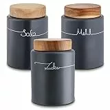 KHG Mehl Zucker Salz Aufbewahrung, Vorratsdosen Set 3-teilig, Keramik Steingut, Anthrazit Grau, Holz Deckel Bambus, Mehltopf Zuckertopf Salztopf, Verschluss luftdicht, BPA-frei