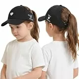 FakeFace Kinder Pferdeschwanz Baseballkappe, Mädchen Sommer Sonnenhut mit Zopf Loch, Herz-Stickerei UV-Schutz Schirmmütze, Verstellbare Basecap Sonnenkappe für 3-8 Jahre Sport Outdoor