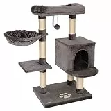 lionto Kratzbaum für Katzen mit Plüschball inkl. Glöckchen & Wandhalterung, Höhe 93 cm, Katzenbaum mit Sisal & Plüsch, gemütliche Liegefläche & Höhlen, für kleine & große Katzen geeignet, dunkelgrau