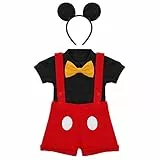 IBTOM CASTLE Gentleman First Birthday Cake Smash Foto Prop Mickey Outfits für Baby Jungen Formal Anzug Strampler + Fliege + Hosenträger Overalls Latzhose Shorts Maus Ohren Stirnband, Rot+Schwarz, 6-12