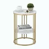 Relaxdays Beistelltisch Marmoroptik, 2 Ablagen, für Wohnzimmer, Metall & MDF, Sofatisch rund, HxD 56x40 cm, weiß/gold