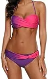 Ocean Plus Damen Neckholder Mehrfarbig Geraffte Tie Dye Bandeau Twist Bikini Set Push up mit Schnalle (S (EU 32-34), Rosa)