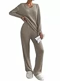 Famulily Damen Schlafanzug Lang Pyjamas Langarm V-Ausschnitt Loungewear Jogginganzug Weites Bein Zweiteiler Set Outfit mit Taschen (L, Coffee)