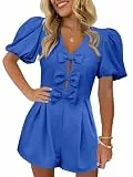 Cicy Bell Niedlicher Damen-Jumpsuit, Schleife, Puffärmel, V-Ausschnitt, kurze Jumpsuits, sexy Sommer-Outfits mit Taschen, Blau, XX-Large