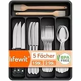 Lifewit Besteckkasten für Schubladen, Besteck Organizer Schublade Organizer Küche Kompakt Besteckeinsatz Utensilienhalter für Schublade aus Kunststoff für Löffel, Gabeln, 5 Fächern, Schwarz