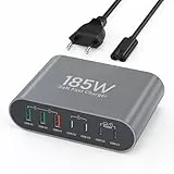USB C Ladegerät, 185W USB C Netzteil 7-Port PD3.0+QC3.0 Schnellladegerät Mehrfach Ladegerät Stecker Adapter für MacBook Pro Air iPhone 17 16 15 Pro Max, Samsung Galaxy S23 Note20 (Grau)