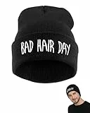 WINXMIN Beanie 'Bad Hair Day' Wintermütze mit Einstickung Hip-Hop Mütze,Warme Strickmütze Beanie, Wintermütze Damen, Elegante und elastische Mütze für Herbst & Winter, modisch & zeitlos,Schwarz