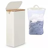 efluky Wäschekorb Schmal 63L, Schlanker Wäschekorb mit Deckel, Beige Faltbare Wäschebehälter mit Bambusgriffen und abnehmbarem Beutel für Waschküche, Schlafzimmer, Badezimmer