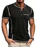 LAOARA T-Shirts Herren Henley Shirt Kurzarm V Ausschnitt Sommer Sport mit Tasche Knopfleiste Slim Fit Hemd Schwarz XL