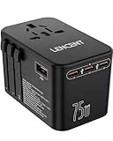 LENCENT 75W Universal Reiseadapter, GaN Internationales Schnellladegerät mit 3 PD3.0 Typ C+2 QC USB A, Weltweiter Adapter für Handys, Laptops, All in One Reiseadapter für EU/USA/UK/AU Steckdosen
