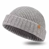 TOP-EX XL/XXL 100% Merino Wolle Trawler Beanie Herren Damen Fisherman Beanie Wintermuetze Strickmuetze Hellgrau M/L