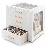 Homeanda Großes Schmuckkästchen für Frauen - 5 Lagen PU Leder Aufbewahrungsbox für Ringe, Ohrringe, Halsketten, Armbänder, Uhren & Haarschmuck（weiß）