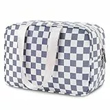 Karierte Kulturtasche Damen Gross, Kulturbeutel Groß Damen Kosmetiktasche Waschtasche Make up Tasche Organizer für Kinder and Frauen (Graublaues Schachbrett)