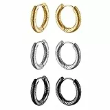 Aroncent 3 Paar Creolen Set Edelstahl Streifen Kreis Huggie Ohrringe Ohr Piercing für Herren Damen, Schwarz Gold Silber, Durchmesser 18mm
