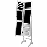SONGMICS Schmuckschrank und Standspiegel zwei in einem, Lederimitat, weiß, 35,5 x 153 x 35 cm