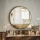 BEAUTYPEAK 46 cm Runder Spiegel, Bruchsicherer Wandspiegel mit Aluminiumrahmen, Badezimmer Spiegel zum Aufhängen und Anlehnen, Rund Wandspiegel für Schlafzimmer, Bad, Wohnzimmer