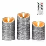 FREEPOWER Echtwachs LED Kerzen Grau mit Fernbedienung und Timer – 3er Set Flammenlose Batteriekerzen mit Flackerndem Warmweißlicht, Ø7,5 x 10/12,5/15cm