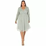 Maya Deluxe Damen Maya Deluxe Midi Elegant Wedding Sleeves Deep V Neck Sequins Cocktail Prom Bridesmaid Dress, Green Lily, 36 EU
