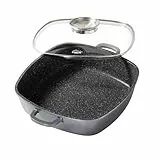 STONELINE Servierpfanne Eckig 28 cm, Eckige Pfanne Induktion mit Deckel, Aroma Funktion, Aluguss, Antihaft Pfanne Beschichtet mit echten Steinpartikeln, Für alle Herdarten, Backofen, Grau