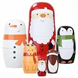 MAGICLULU 6 Stück Russische Weihnachts-nistpuppen, Weihnachtsmann, Pinguin, Elch, Schneemann, Matroschka-Puppen, Handgefertigtes Stapelset aus Holz für Kinder, Weihnachten, Geburtstag,