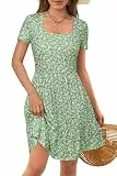 VOTEPRETTY Damen Sommerkleid Kurzarm Leicht Quadrat Ausschnitt Blumen Kleid mit Taschen Freizeit Strandkleid S