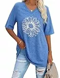 Litherday Damen Oversize T-Shirt V-Ausschnitt Kurzarm Casual Gänseblümchen Print Plus Size Freizeit Oberteil T-Shirt Sommer (Blau, XL)