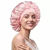 Umisleep 100 % Maulbeerseide 22 Momme große Seidenhaube zum Schlafen, doppellagig, rutschfest und atmungsaktiv, mit verstellbarem Band für lange, lockige Haare, Hellrosa