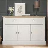 Galano Surrey Sideboard mit 3 Türen und 2 Schubladen, freistehender Aufbewahrungsschrank mit Schubladen und Schrank für Wohnzimmer, Flur, Eingangsbereich oder Küche – Weiß/Eiche