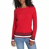 Tommy Hilfiger Damen-Pullover aus Baumwolle mit Rundhalsausschnitt und Zopfmuster, Scarlet Multi, Groß