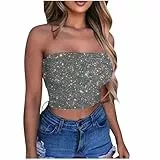 KOG Glitzer Bandeau Top Damen Crop Tops Sexy Tube Glitzeroberteil Frauen Festival Outfit Karneval Kostüm Faschingskostüme Teenager Mädchen Fasching Oberteil Party Y2k Aesthetic Clothes Dunkelgrau 3XL