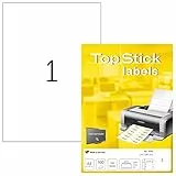 TopStick 8720 Universal Etiketten, 100 Blatt, 210 x 297 mm, 1 pro A4 Bogen, 100 Stück, selbstklebend, bedruckbar, matt, blanko Papier Klebeetiketten Aufkleber, weiß