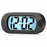 Plumeet Einfach Einzustellen, Großer Digitaler LCD-Reisewecker, Mit Schlummermodus und Nachtlicht, Ansteigendem Soundalarm & Handgerät-Größe, Kinder (Schwarz)