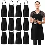 Kochschürze Für Männer Und Frauen, 12 Stücke Küchenschürze, Verstellbare Latzschürze Mit 2 Taschen, Unisex Arbeitsschürze, Wasserdichte Kochschürzen, Köche Schürze Für Küche Restaurant Café (Schwarz)