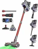 VACTechPro 55KPa/600W Akku Staubsauger Kabellos, 70Min Laufzeit, Akkustaubsauger mit 1,6-Liter-Staubbehälter, 8-Schicht-Filterung, Super Leise, Anti-Tangle Bodenbürste für Hartböden, Violett und Rot