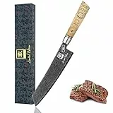 zayiko Limited Edition Damastmesser Kiritsuke Black Meteor, 20 cm Klinge gefertigt aus 67 Lagen Damaststahl mit edler Titanium-Beschichtung und Ahornholzgriff, Profi Küchenmesser