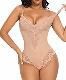 YARRCO Shapewear Damen Formende Bodysuits Body Shaper Figurformende Unterwäsche Bauchweg Miederbody Spitze Formbody Strings (Beige, M)