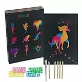Rluobo Kratzbilder für Kinder, 60 Blätter Regenbogen Kratzpapier,5 Holzstifte,4 Malschablonen, Magic Scratch Book, Kratzpapier Set zum Zeichnen und Basteln, Kratzbuch Mädchen/Jungen, 13 * 19cm