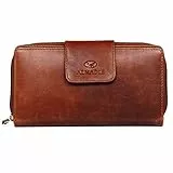 ALMADIH Leder Damen Portemonnaie Elyse Premium Rindsleder mit RFID Schutz 24 Kartenfächer Metall-Reißverschluss BD - Langbörse Geld Börse Brieftasche Clutch für Impfausweis P25 braun (Elyse Deluxe)