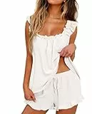 MARZXIN Schlafanzug Damen Kurz Zweiteiliger Pyjama Kurzarm Set Brautpyjama Sommer Nachtwäsche Loungewear Sleepwear Hausanzug Rüschen Ärmelloses Tank Top und Short Weiß S