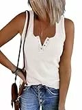 Saodimallsu Damen Tank Tops mit V-Ausschnitt Sommer Gerippte Ärmellose Henley Bluse Beiläufige Lose Geknöpfte Cami Strick T-Shirts Z1 Weiß S