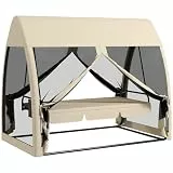 Outsunny 2 in 1 Hollywoodschaukel mit Liegefunktion 3-Sitzer Gartenschaukel mit Baldachin, Mückennetz, Schaukelbank belast bis 300kg, Gartenliege für Garten, Terrasse, 240 x 140 x 197 cm, Kaffee