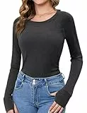 Crewhpo Langarmshirt Damen Basic Tshirt Rundhals Oberteile Einfabrig Unterhemd Thermoshirt Langarm Slim Fit Tops mit Daumenloch Casual Stretch Unterziehshirt